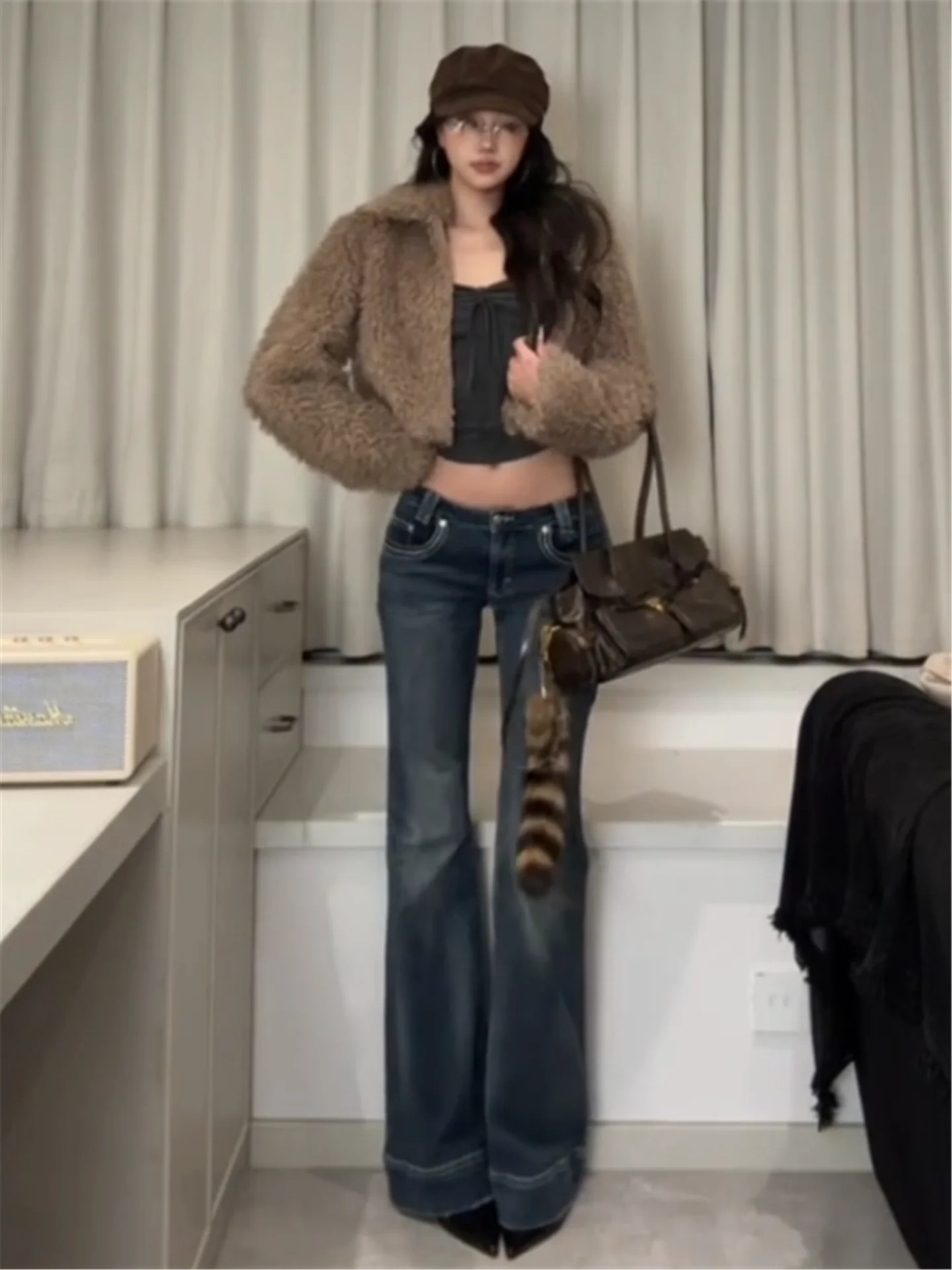 

Retro American Deep Blue Spicy Girl Flared Jeans Women's Slimming Low Waist Y2K Design Spring Cotton Soft Washed Denim