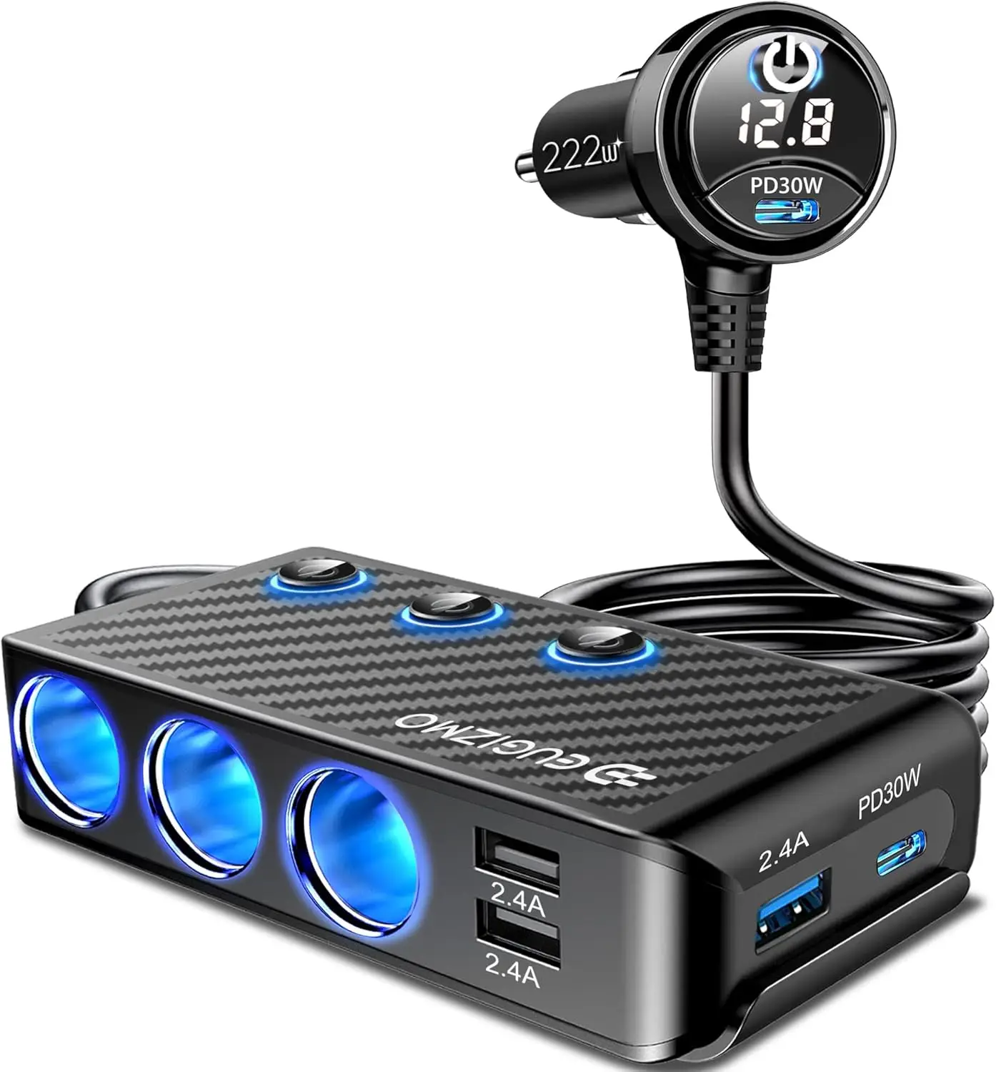 

222W 3-Socket Car Cigarette Lighter USB Splitter with LED Switches