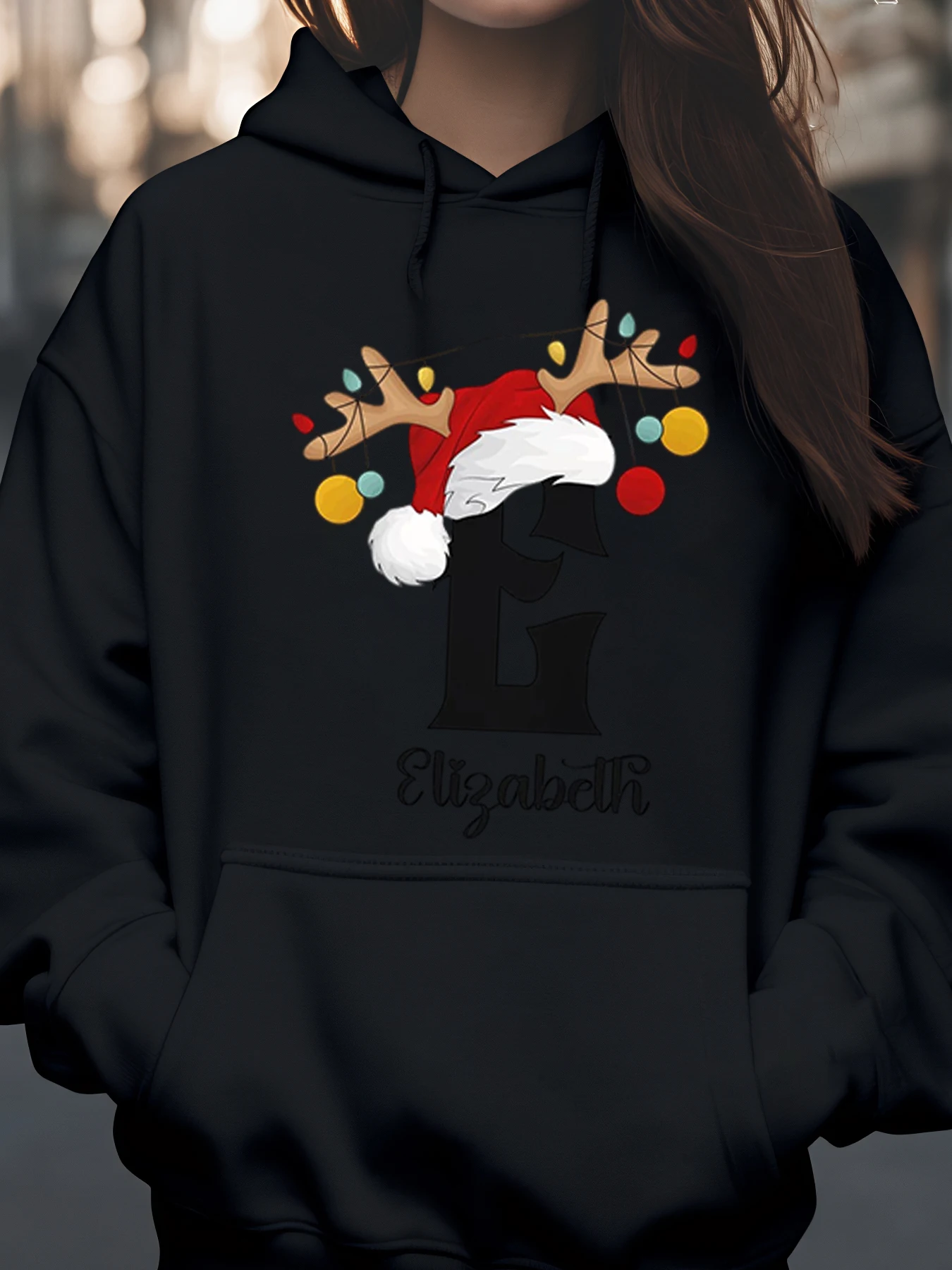 

Шляпа Санты с оленями, начальная E, рождественская толстовка с капюшоном, праздничная одежда, женский подарок