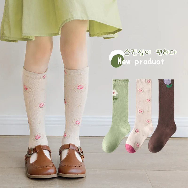 Spring Girls Socks Sweet Floral Pattern Long Socks Kids Cotton Soft Knee Socks For 1-8 Year-old Child 3 Pairs/lot