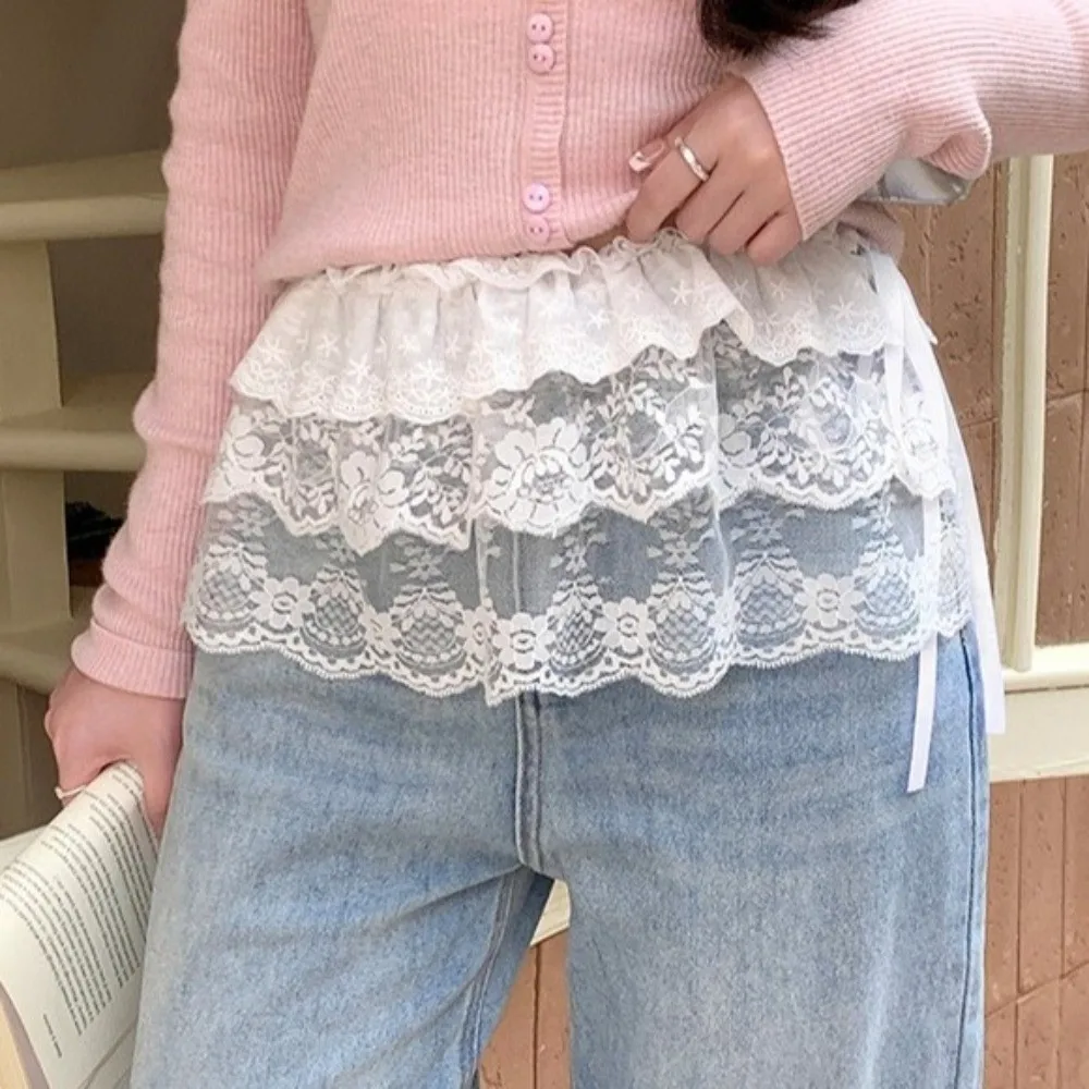 

Fashion Flowers Lace Layered Lace Skirt Decorative Hemline Mesh Irregular Skirt Adjustable Tie Belt Halfbody Skirt Belt Summer