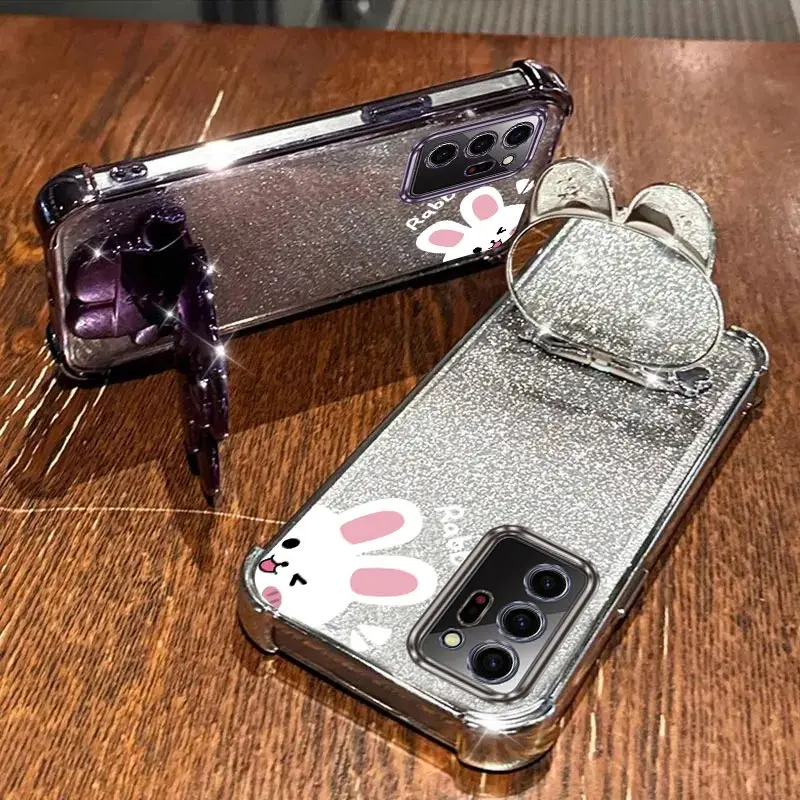 Airbag Glitter Mirror Rabbit Phone Holder Case On For Samsung Galaxy Note 10 20 Ultra Plus Note20Ultra 5G Anti-knock Stand Cover