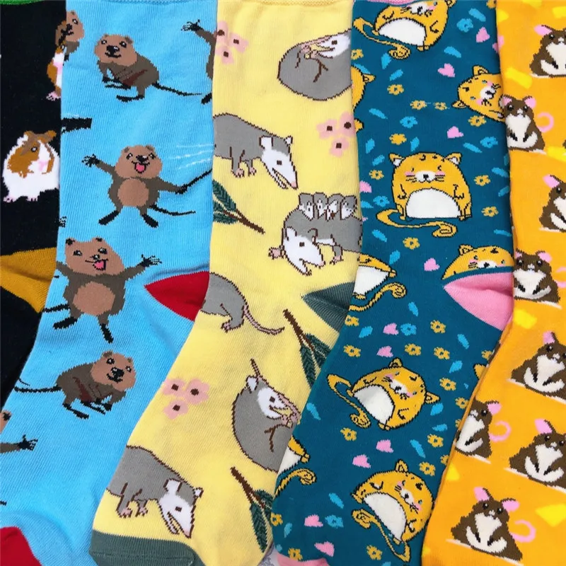 1Pair Adult Size Mid Calf Crew Cartoon  Mouse Cottton Unisex Socks Rhizomy Bamboo Rat Hamster Cavy Guinea Pig Chipmunk Cute Pet