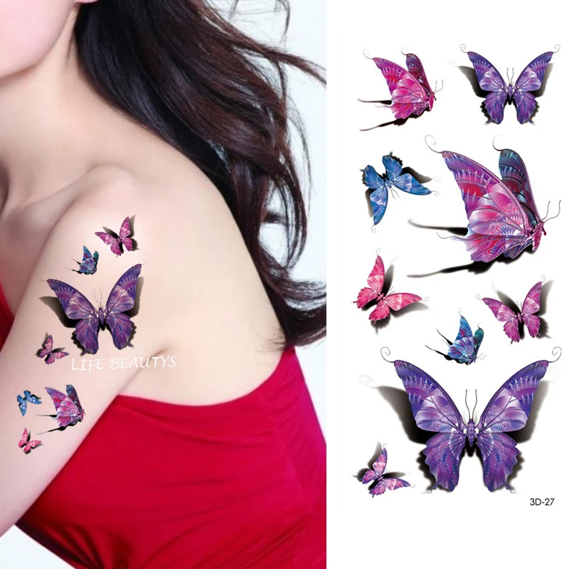 Waterproof Temporary Flower Tattoos Women Beauty Rose Butterfly Flash Feather 3D Fake Tattoo Arm Sleeve Pink Blue Sticker