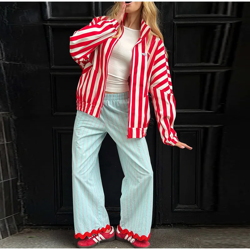 Casual Contrast Striped Women's Pants Wave Cut Elastic Waist Female Wide Leg Trousers 2026 Autumn Lady Vintage Chic Pant