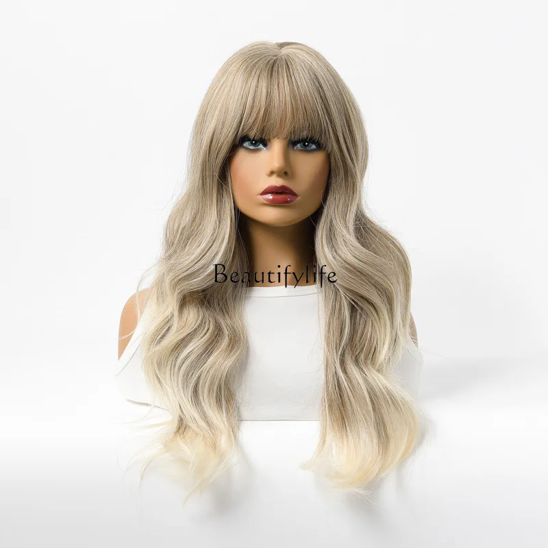 

European and American fashion full head wig brown blonde long wavy curly hair with bangs