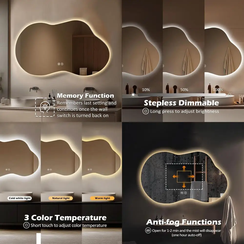 

Зеркало для ванной с LED-подсветкой 22x36 дюймов, 3 цветовые режима, регулировка яркости, защита от запотевания и функция памяти