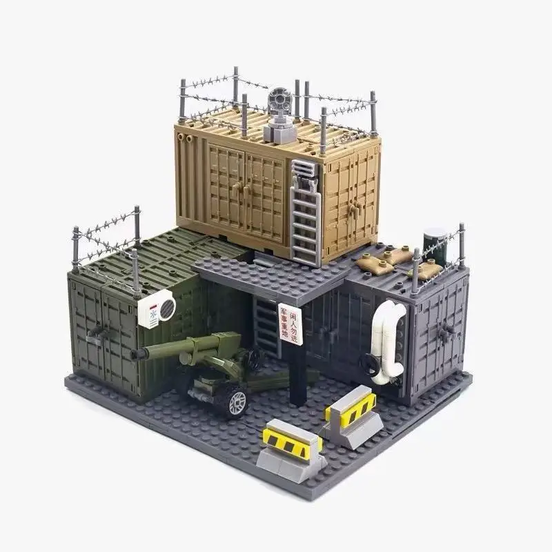 WW2 Militare MOC Guerra 2 Contenitore Attrezzature da campo Magazzino Scena SWAT Cannone Base Modello Building Blocks Mattoni Giocattoli per bambini Regalo