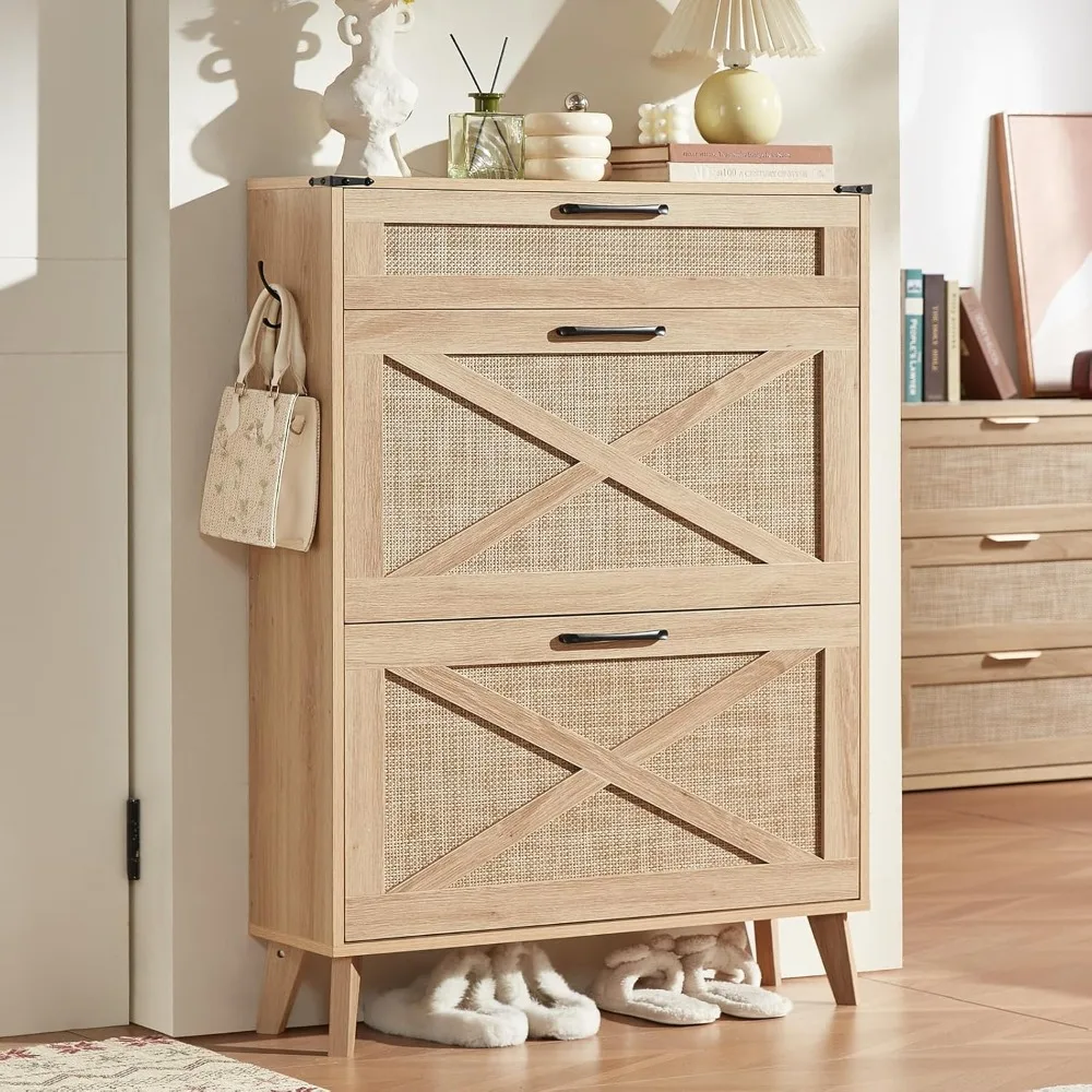 

Entrance shoe storage cabinet, equipped with 2 rattan flip drawers, can accommodate 16-20 pairs of Nepenthes shoes