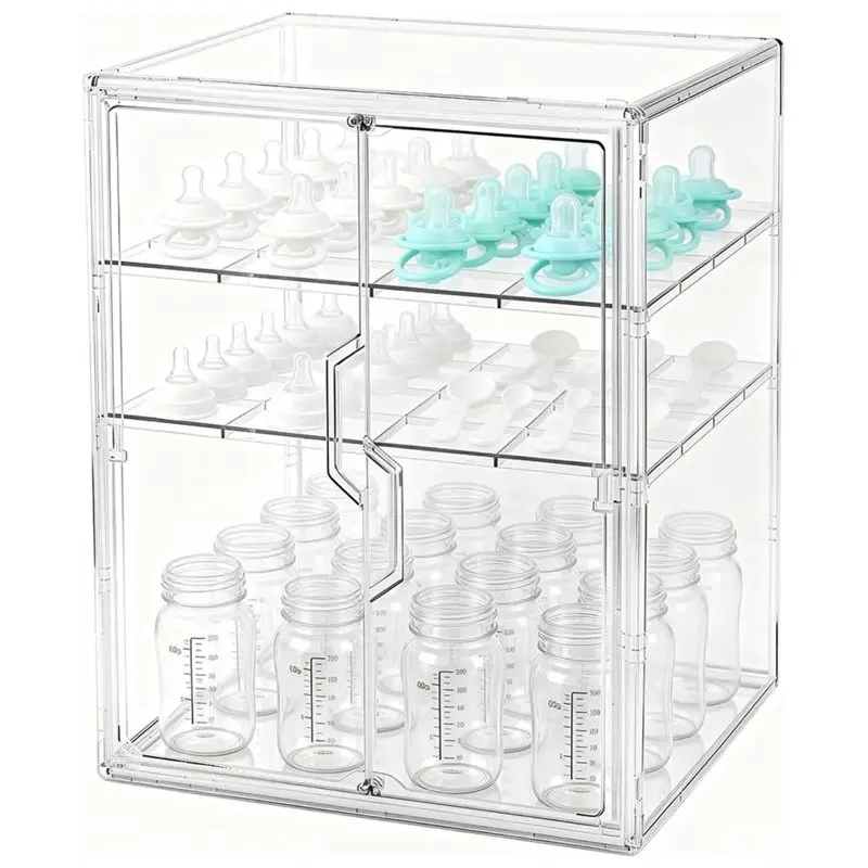 clear-plastic-baby-bottle-station-3-tier-bottle-storage-organizer-with-double-magnetic-doors-for-countertop