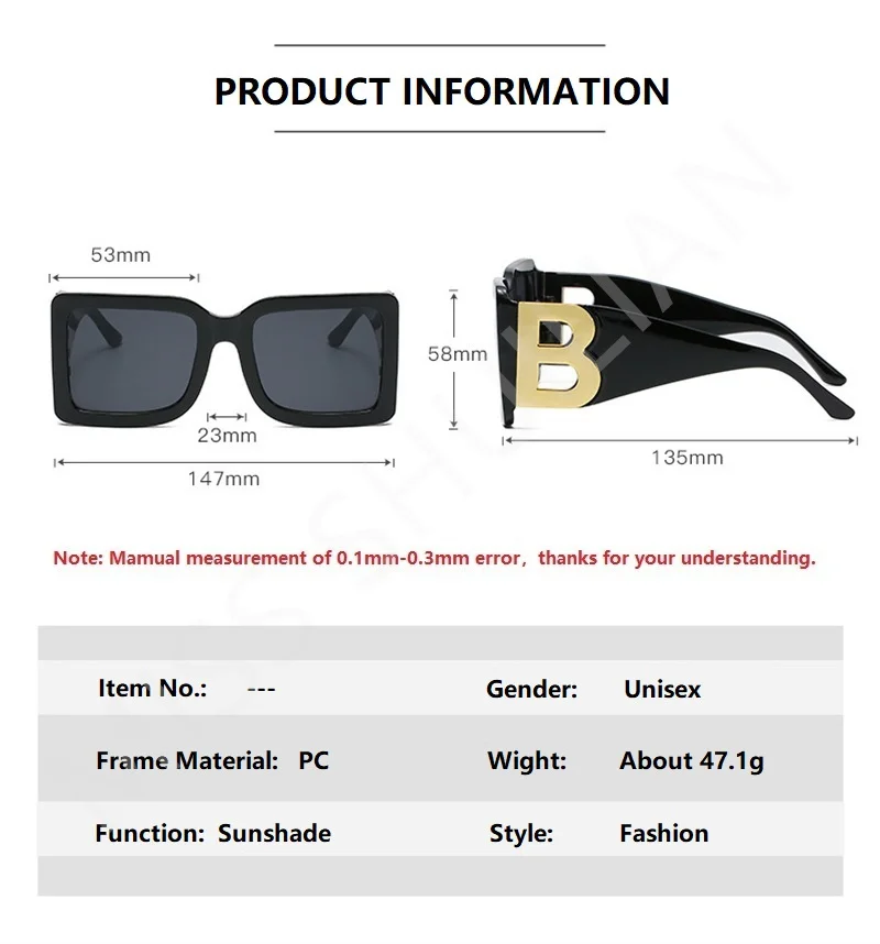 2024 New Fashion Oversized Sunglasses Women Letter B Leg Design Square Luxury Trend Men Retro Big Frame Eyeglasses Oculos De Sol