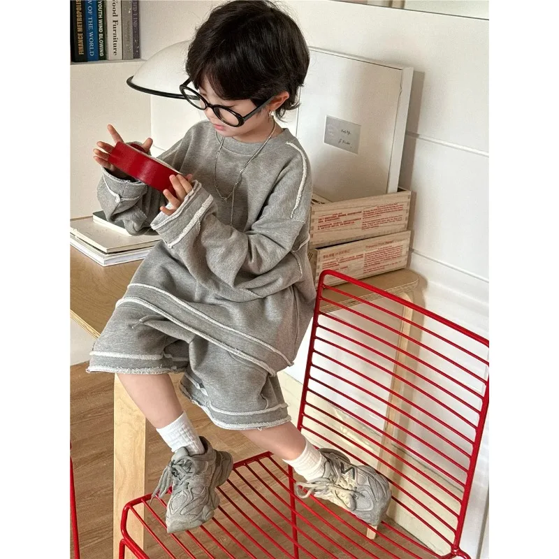 Children's Splicing Edge Hoodie Shorts Set 2025 Spring Summer Collection Fashion Korean Simple Style 2pieces