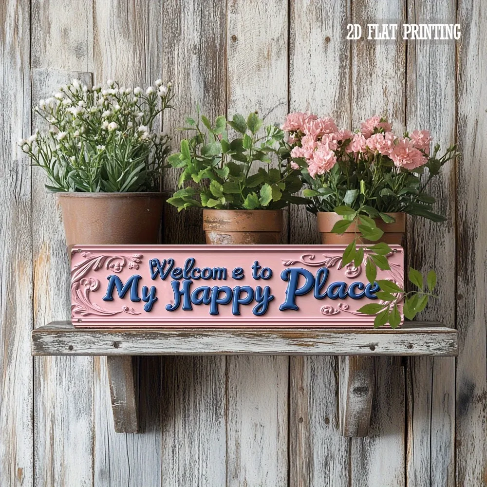 Rosa Metallschild „Welcome to My Happy Place“ im Vintage-Stil – 10,2 x 40,6 cm, rustikale Foyer-Wohnzimmerdekoration, Einweihungsgeschenk