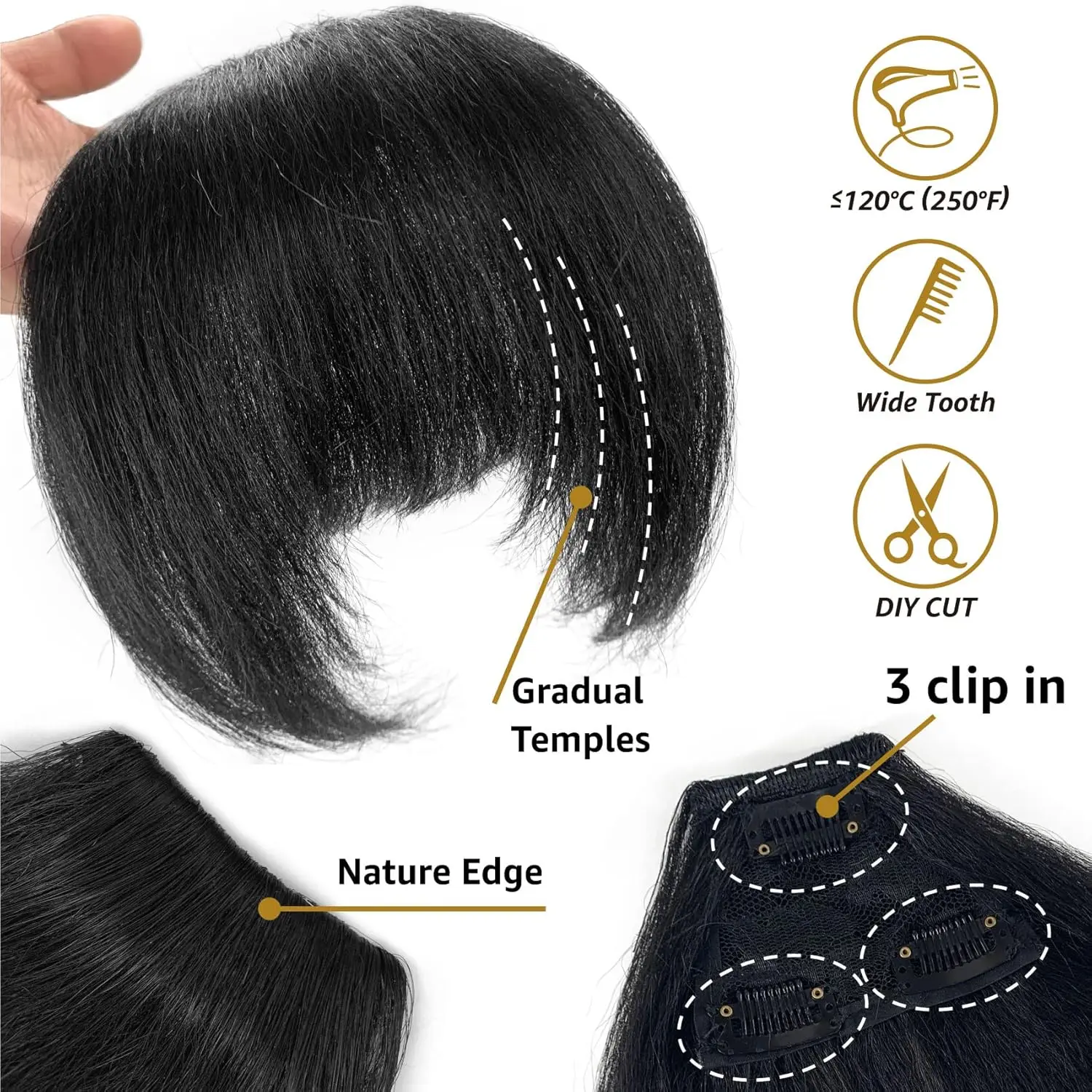 Yaki Straight Bangs Hair Clips in Extensions for Women Flat Neat Bangs Hair Extension with Temples Hairpieces Hand Made Syntheti