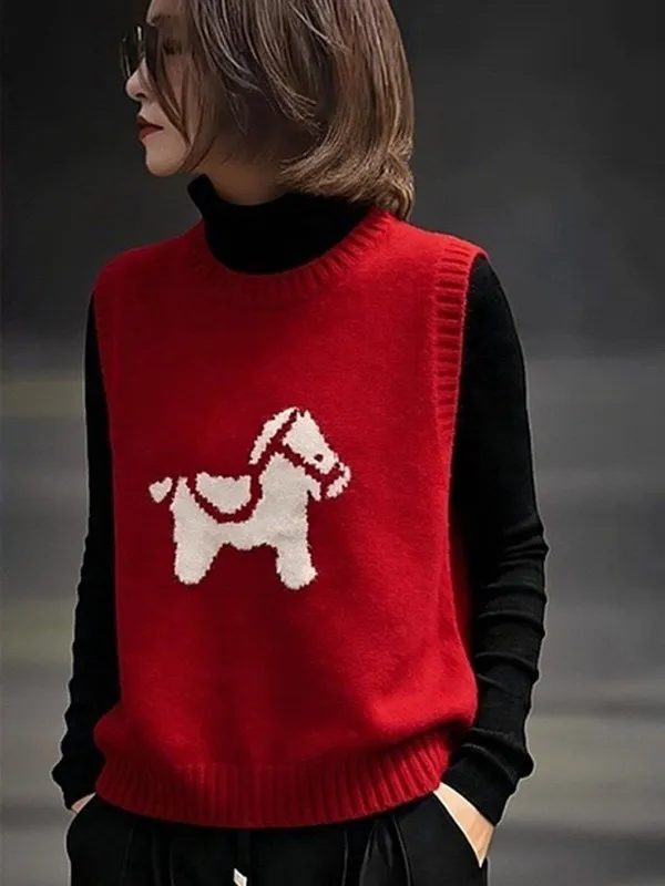 Cartoon Knitted  Sweater Vest Women's Spring Autumn Layering Versatile Sleeveless Knitted Base Top Youthful