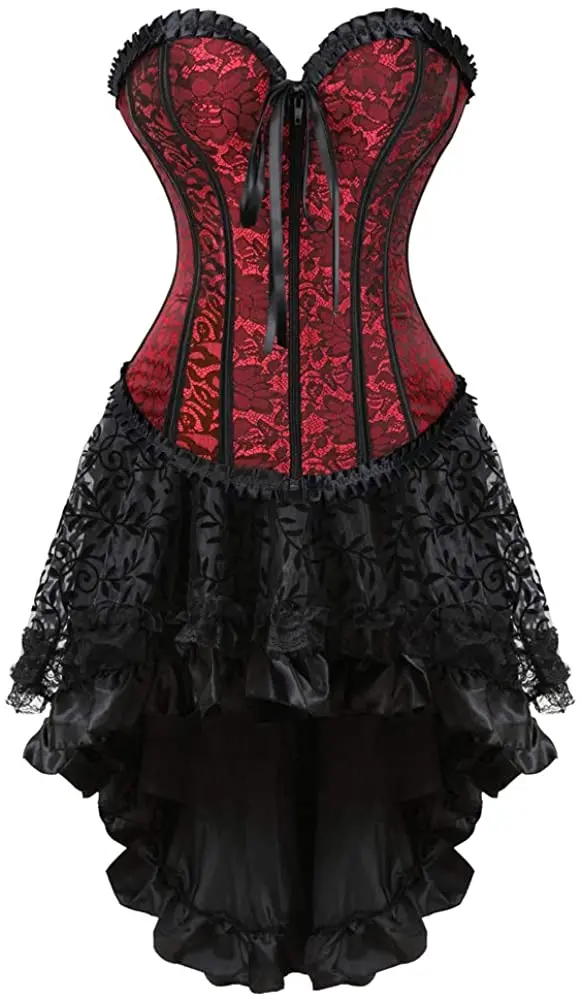 Sapubonva Corset Dress Gothic Cosplay Bustier for Women Skirt Top Set Sexy Vintage Victorian Plus Size Costume Red  Korsage