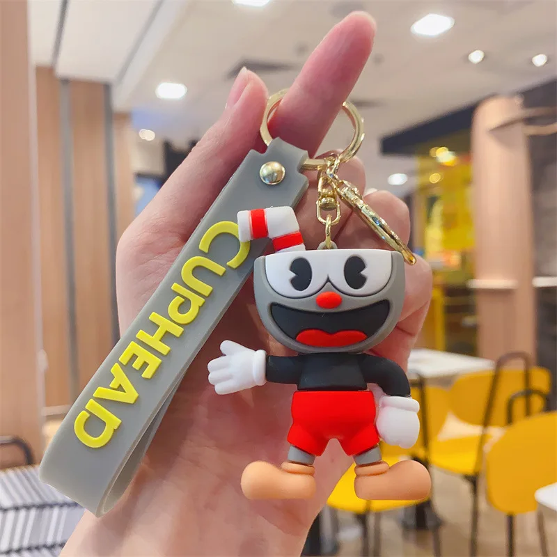 Creative New 3 Styles Mugman Model PVC Dolls Anime Key Chain Cuphead Cartoon Doll Car Key Accessories Toys Gifts wholesale