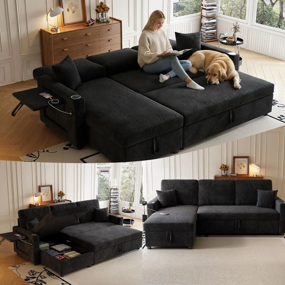 

Sectional Sofa, 83 Convertible Sofa Bed with Pull Out Couches, Small Desktop, L Shaped Couch with Reversible Chaise, Cup Holder