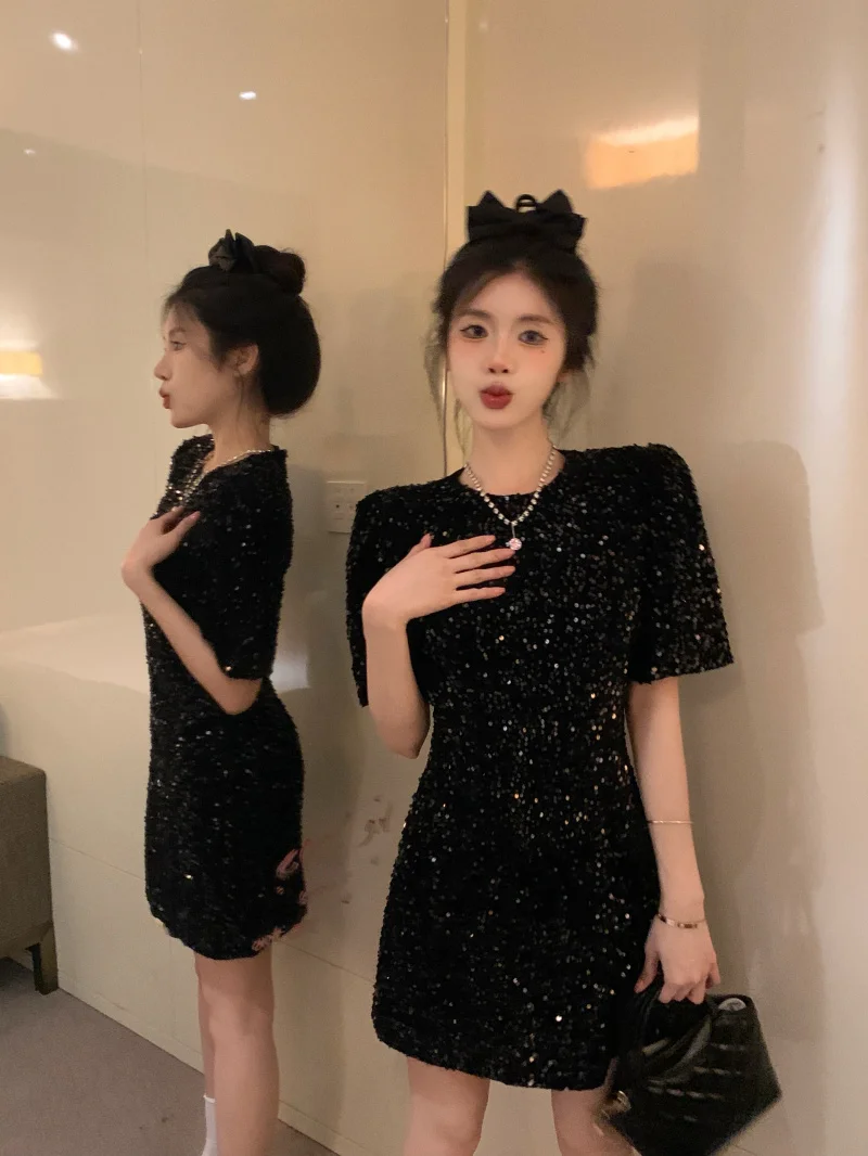 Velvet  Dress Shiny Sequin Women\'s Fashion High Waist A-Line Skirt Short Dress Spring Summer New Arrival Luxury Sensation
