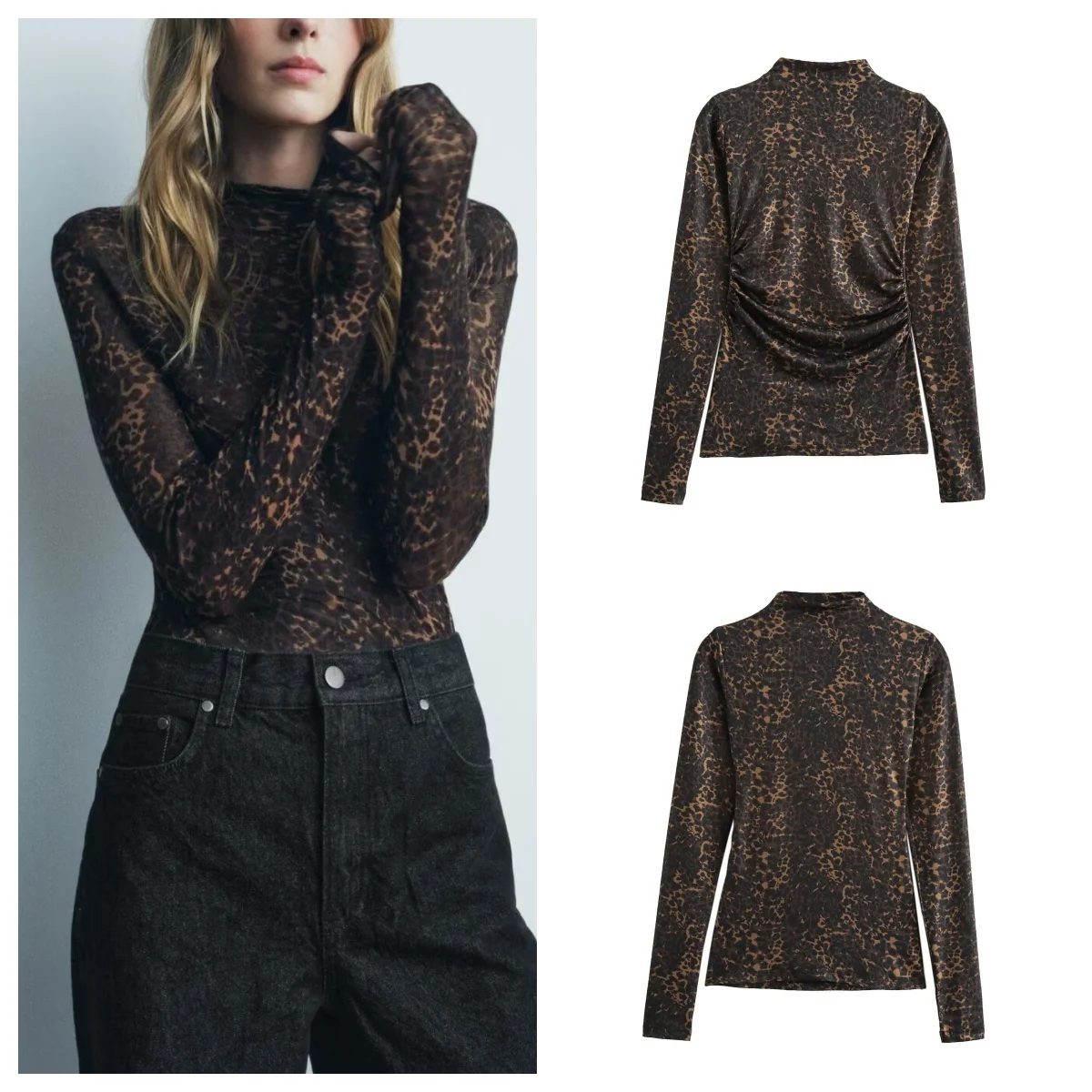 European and American style new leopard print half turtleneck sexy slim long sleeve T-shirt