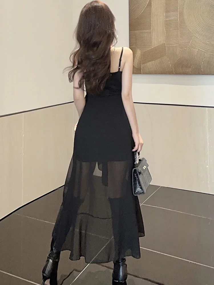 2024 schwarz Patchwork Mesh Sheer Sexy Club Kleid Sommer Elegante Bandage Sling Langes Kleid Frauen Koreanische Luxus Party Abendkleid