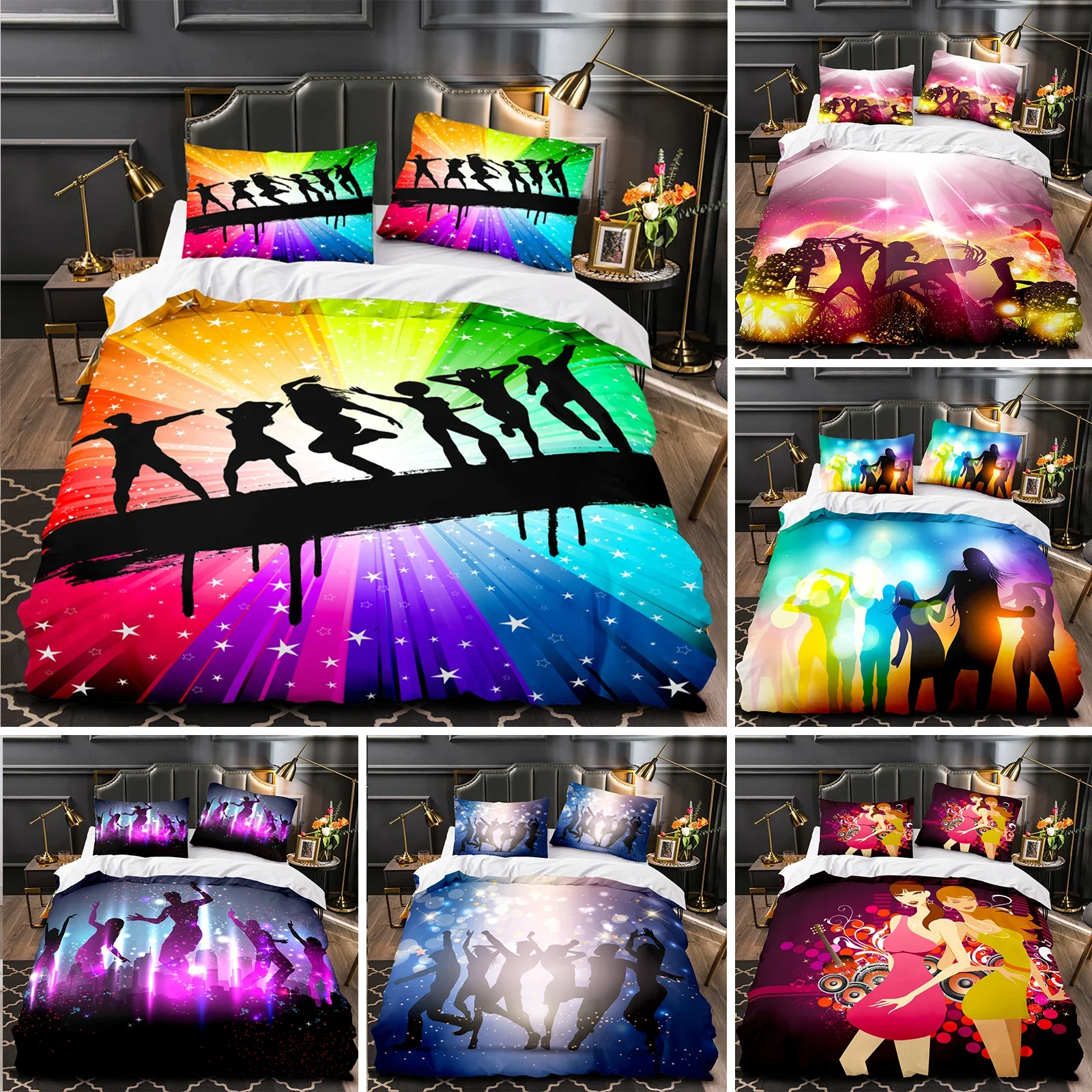 

Dance Duvet Cover Microfiber Crowd Carnival Dancing Twin Bedding Set Rainbow Striped Stars Youth Vitality Theme King Quilt Cover