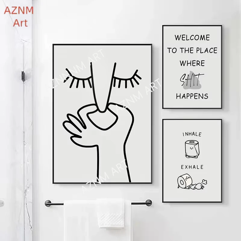 1PC/3pcs Abstract Humour Bad Smell Funny Bathroom Poster Black White Prints Canvas Painting Wall Art WC Toilet Room Decor