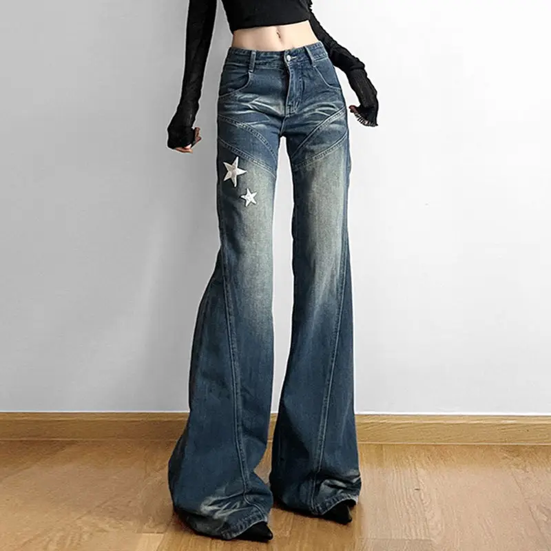 

bell-bottoms Embroidered Star American Retro Women Street Y2K Jeans Wide Leg Loose Stripe All-match Mopping Pants Fashion Street