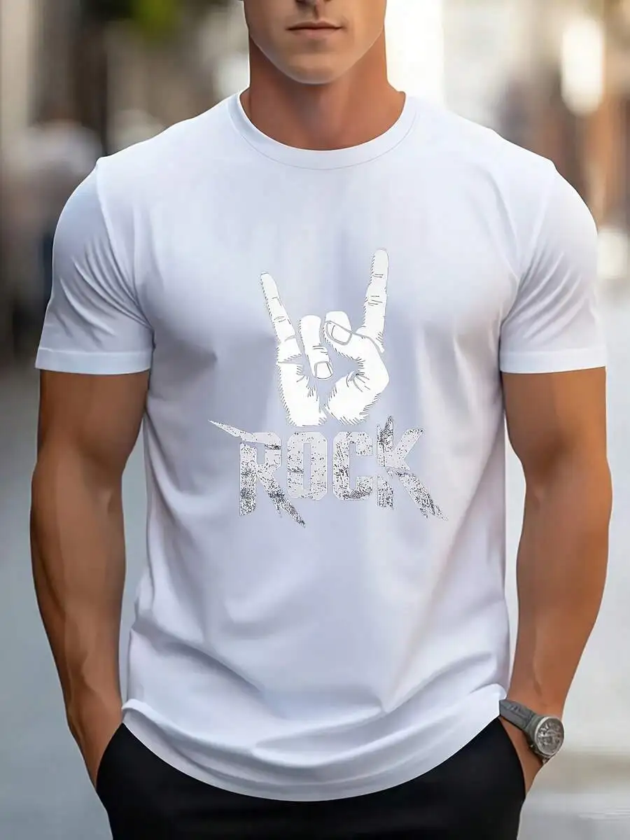 

Mens Plus Size Rock On Hand Gesture T-Shirt Heavy Metal Band Tee Bold ROCK Text Olive Green Casual Shirt