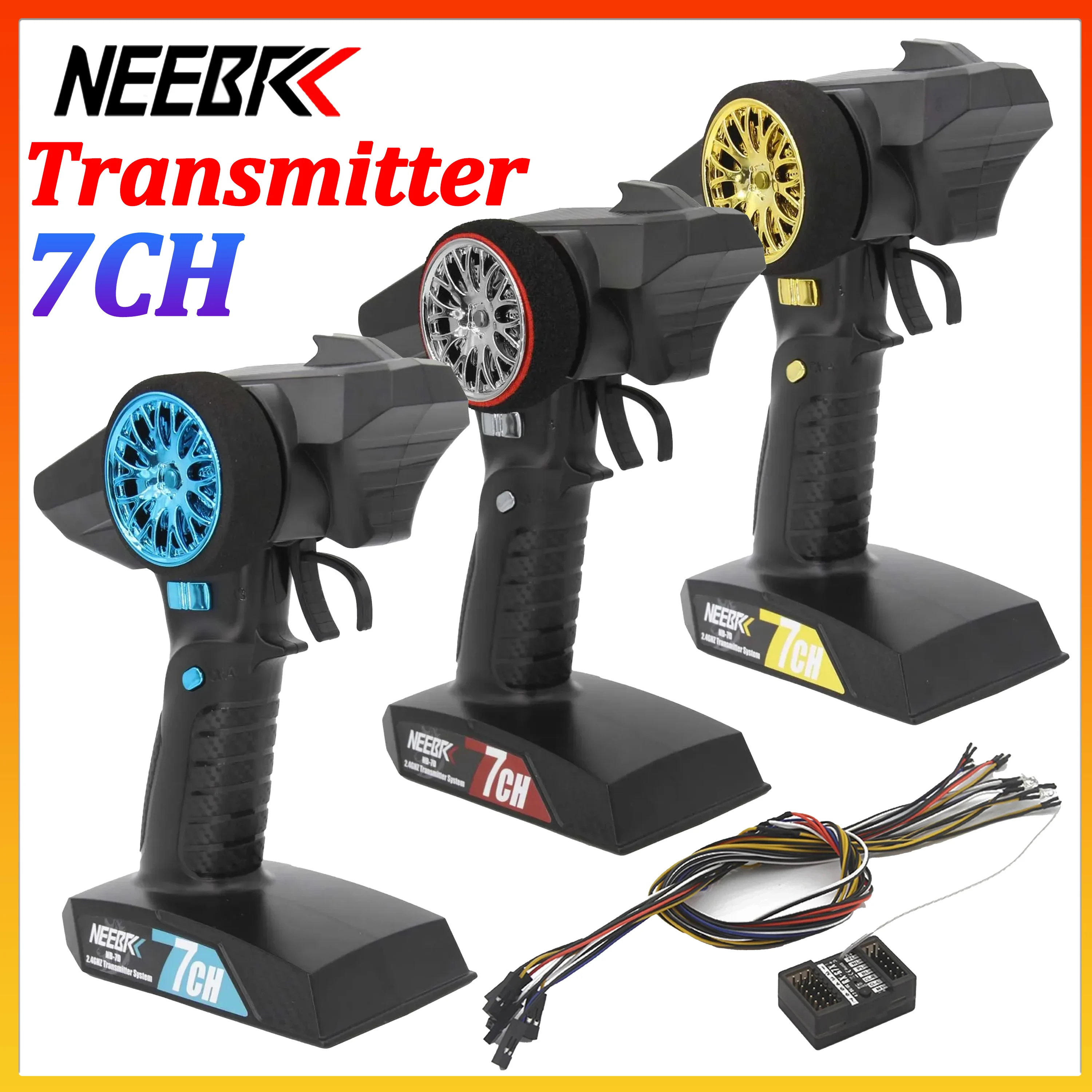 NEEBRC 7CH 2.4GHz Radio Transmitter Remote Controller with 3in1 Receiver 12 LED Light Lamp Set for RC Car Tank Boat Model Axial