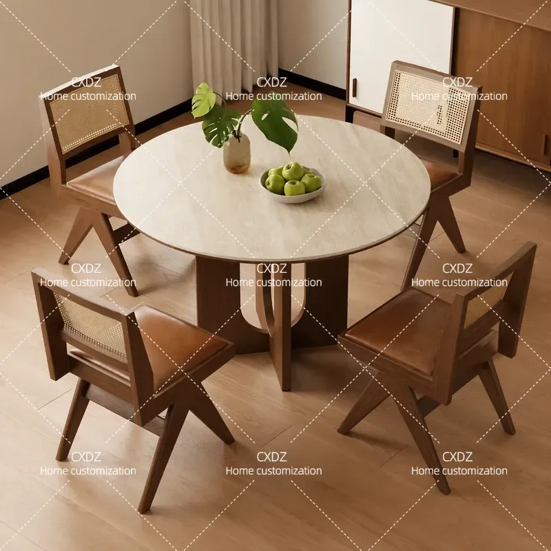 Travertine Rock Slab Solid Wood Round Dining Table Retro Style Small Apartment Medium Size Circular Dinner Table for Home
