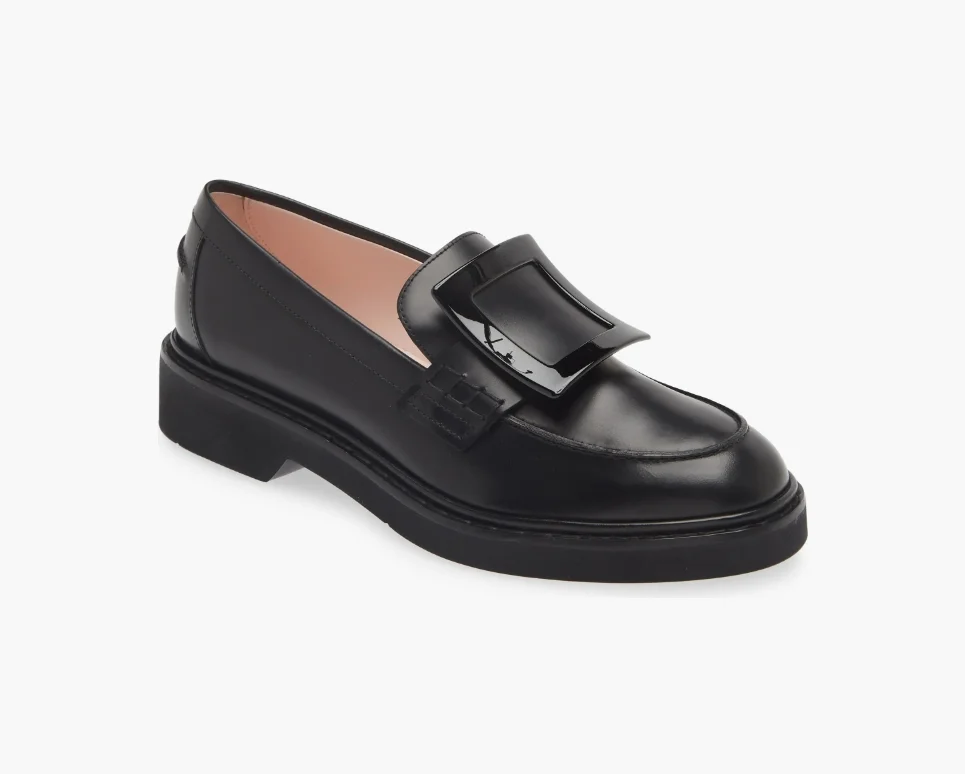 

Black Leather Upper And Lining/Rubber Sole Square Button Loafer (Women)