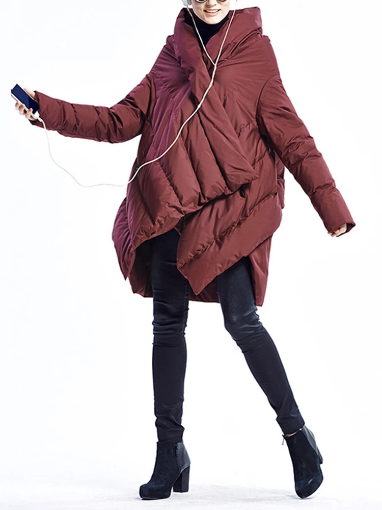 EAM Wine Red Irregular Big Size Down Jacket New Batwing Sleeve Warm Women Parkas Fashion Tide Autumn Winter 2026 31A1078