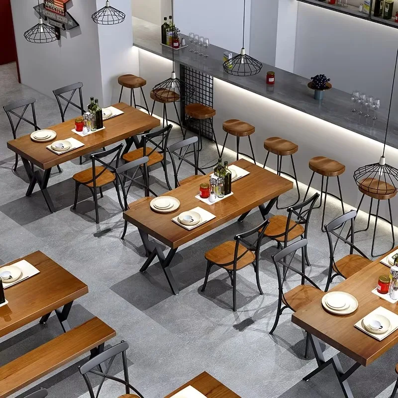 Retro Industrial Style Solid Wood Rectangular Dining Table With Chair Set For Bar Restaurant Cafe Dining Room Furniture Table An