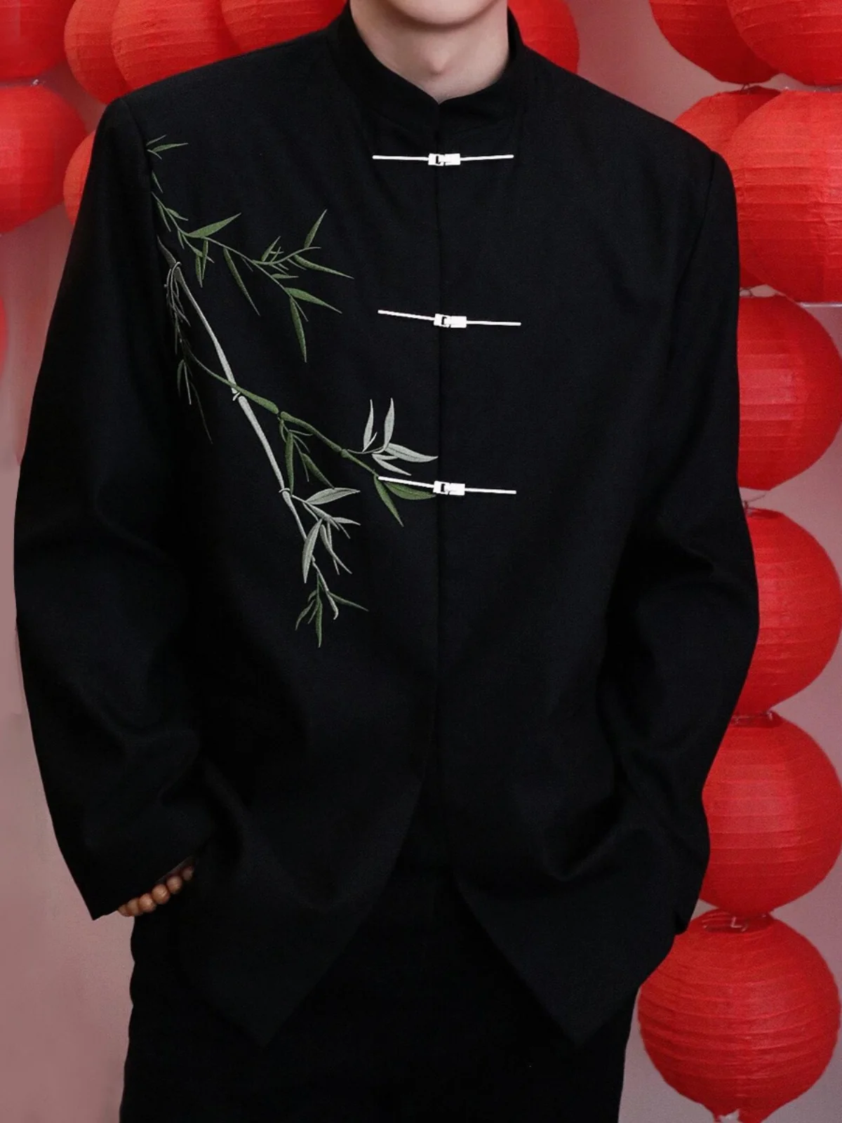 

New Chinese Sle Men's Suit Jaet Bamboo Embroidery Stand Collar Wedding Ceremony Outerwear Casual Western Clothes