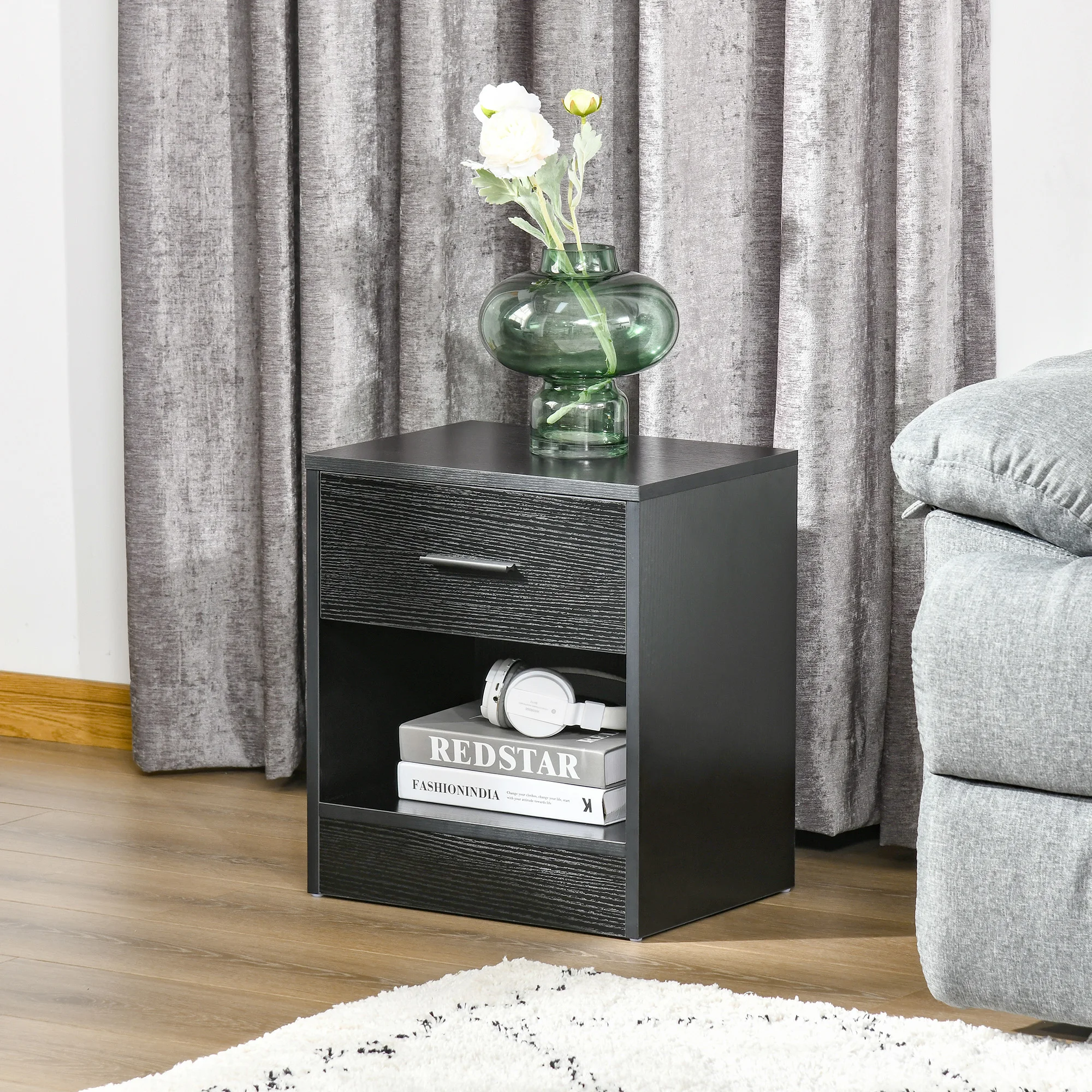 

16" Modern End Table Side Accent Storage Cabinet w/ Drawer & Open Shelf, Black