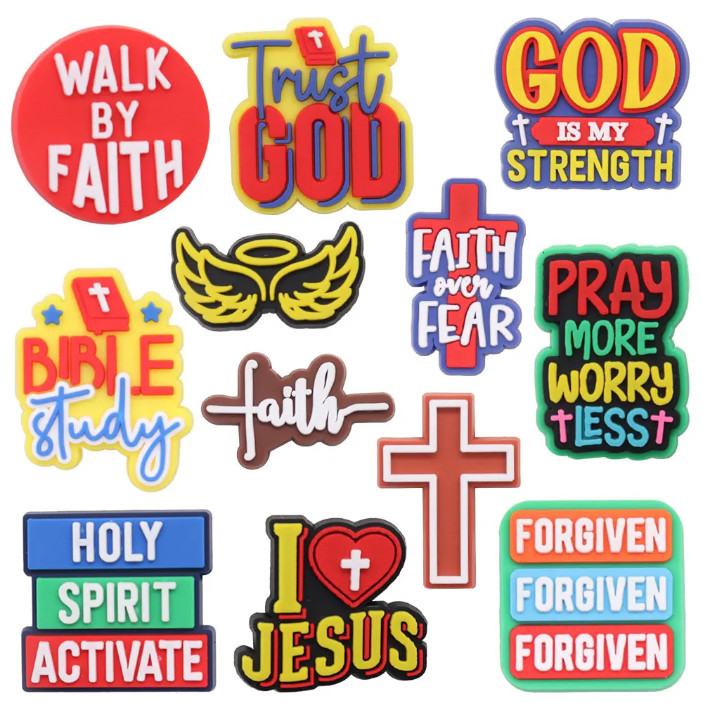 

50Pcs Wholesale Holy Christianity Trust God Children Pray More Worry Less Shoe Buckle Charms Decorations DIY Phone Case Backpack