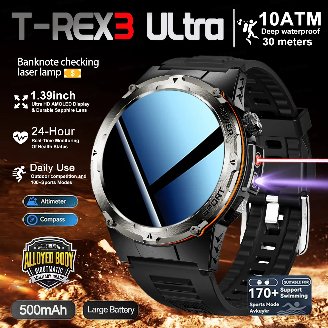 

2026 NEW Popular NFC Outdoors tracker 100+Sports Smart Watch Men 500mAh HD Call 30m depth waterproof Heart rate Smart Watch