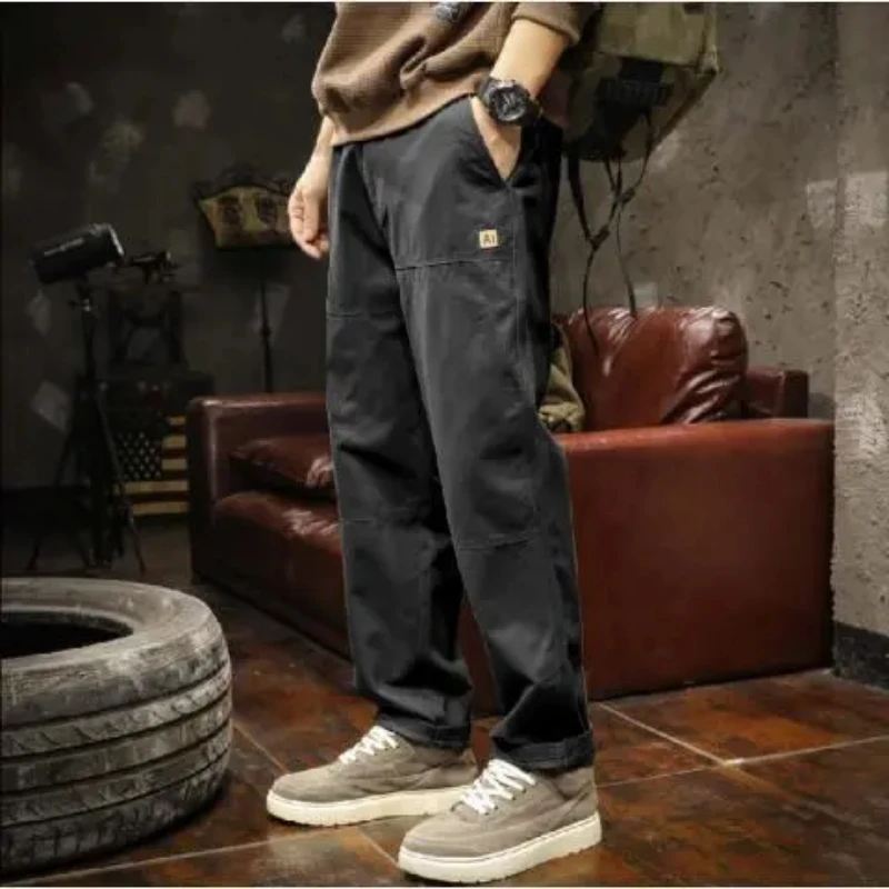 Pantalones Cargo de cintura elástica de algodón de Color sólido para hombre, pantalones casuales con bolsillos, pantalones sueltos que combinan con todo, moda de calle alta, primavera y otoño, nuevo