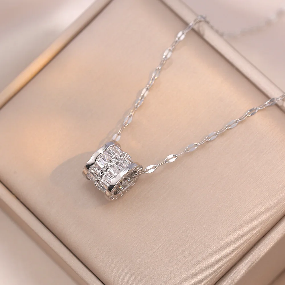 Trendy Stainless Steel Double Layer Necklace for Women Fashion Crystal Bead Pendant Necklaces Clavicle Chain Party Jewelry image 5