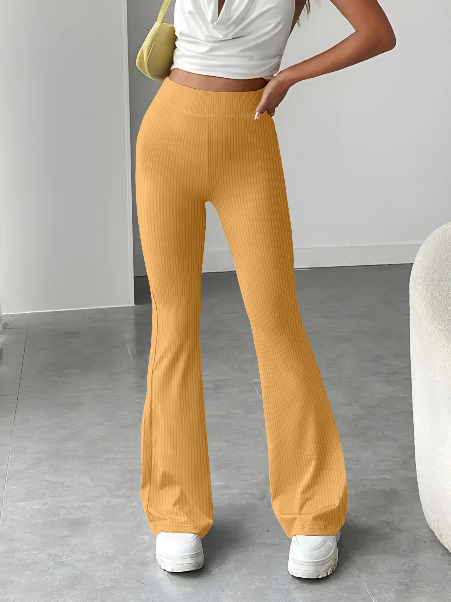 سراويل كاجوال مضيئة محبوكة عالية الخصر للنساء، سراويل طويلة رفيعة، قابلة للترشيح، متعددة الاستخدامات