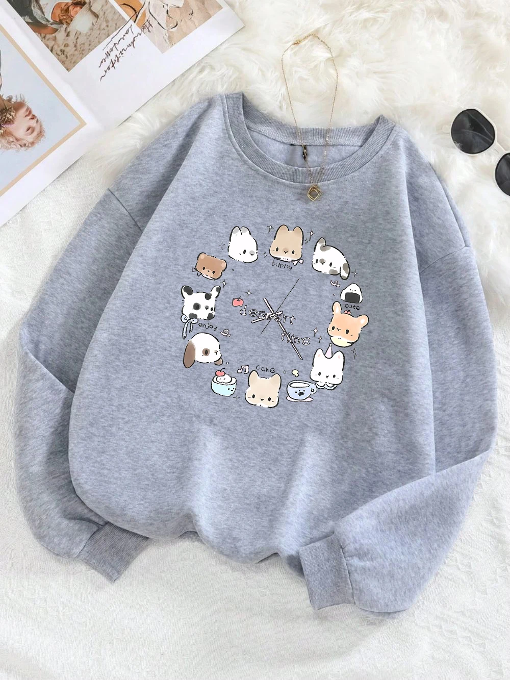 الحلوى الوقت الإبداعية الحيوانات ساعة تصميم مطبوعة بلوزات امرأة أعلى س الرقبة الصوف الشارع الشهير لينة الخريف الملابس النسائية