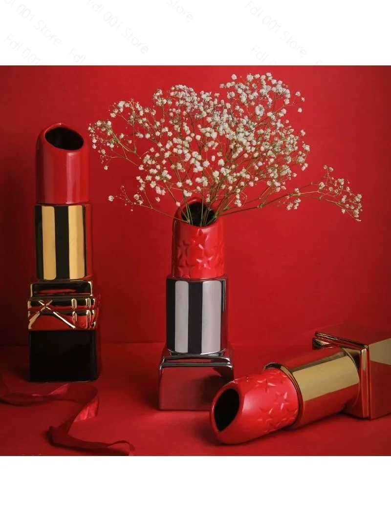 Lipstick flower ornament gift light luxury high-end vase flower ornament living room dining table decoration trend Internet
