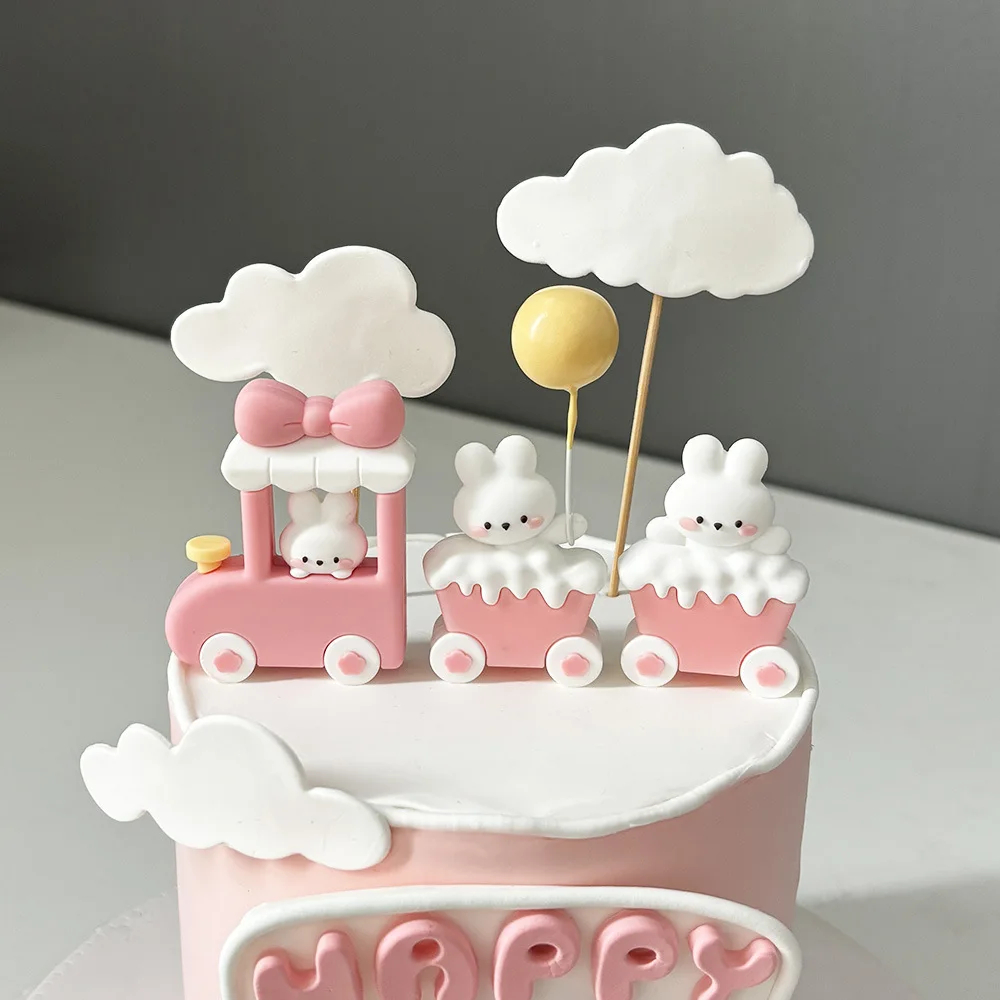 Prinzessinnen-Mädchen-Thema, niedlicher Hasen-Zug-Kuchenaufsatz, rosa Hase für Kinder, 1. Geburtstag, Babyparty, Kuchendekorations-Set – Detail 2