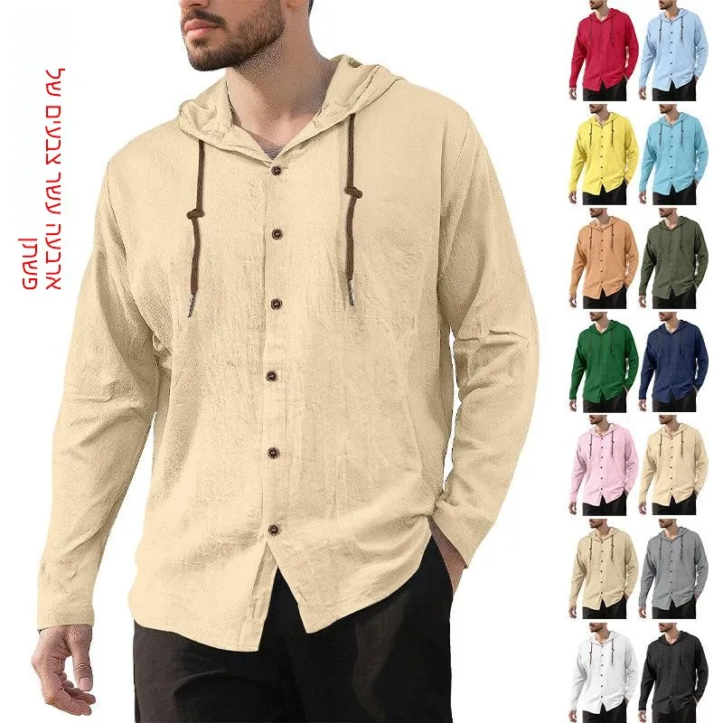 

Men's Spring Summer 2026 Hooded T-Shirt Pure Color Cotton Linen Casual Long Sleeve Top Comfortable Breathable Stretchy Fit