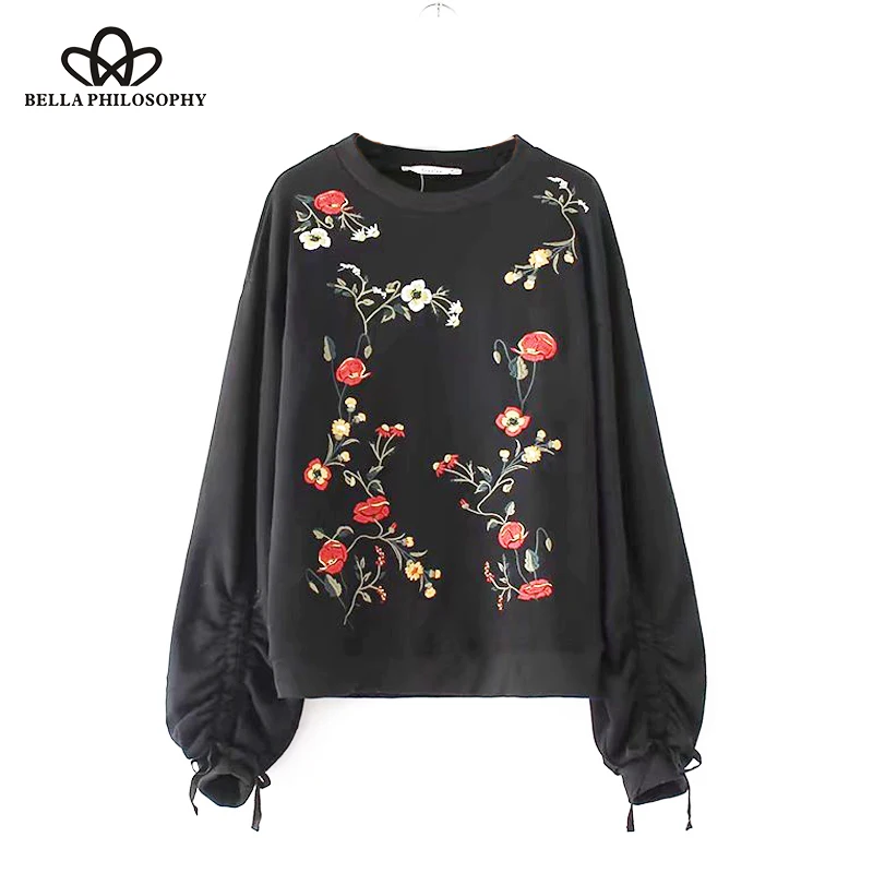 Bella Philosophy 2017 otoño negro bordado sudadera mujer Casual linterna manga jerseys mujer señoras Tops