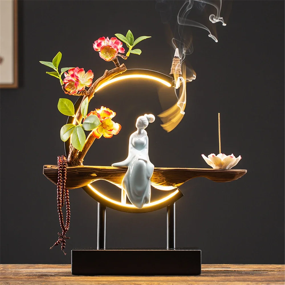 

Ceramic Maid Wood Backflow Incense Burner with 20 cone USB Led Light Circle Lotus Buddha Beads Home Office Decoration Furnishing