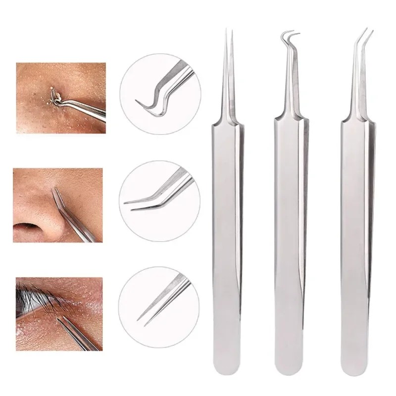 Medical Stainless Steel Blackhead Tweezers Pimple Comedone Remover Nipper Curved Bend Head Face Cleaner Acne Clip Beauty Tool