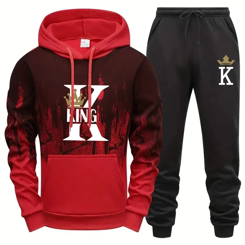 King Printing Mens Tracksuit Splash-ink Hooded Sweatshirts Outdoors Casual Sports Jogging Mens Clothing Single Piece Tops Pants