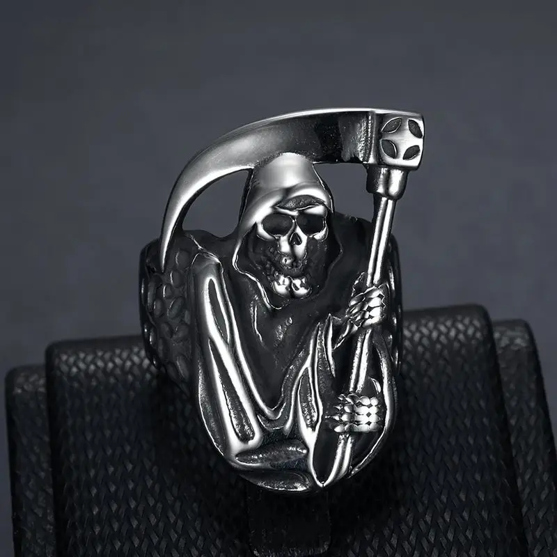 Megin D Stainless Steel Titanium Hip Hop Punk God of Death Skull Sickle Rings for Men Women Couple Friends Gift Fashion Jewelry